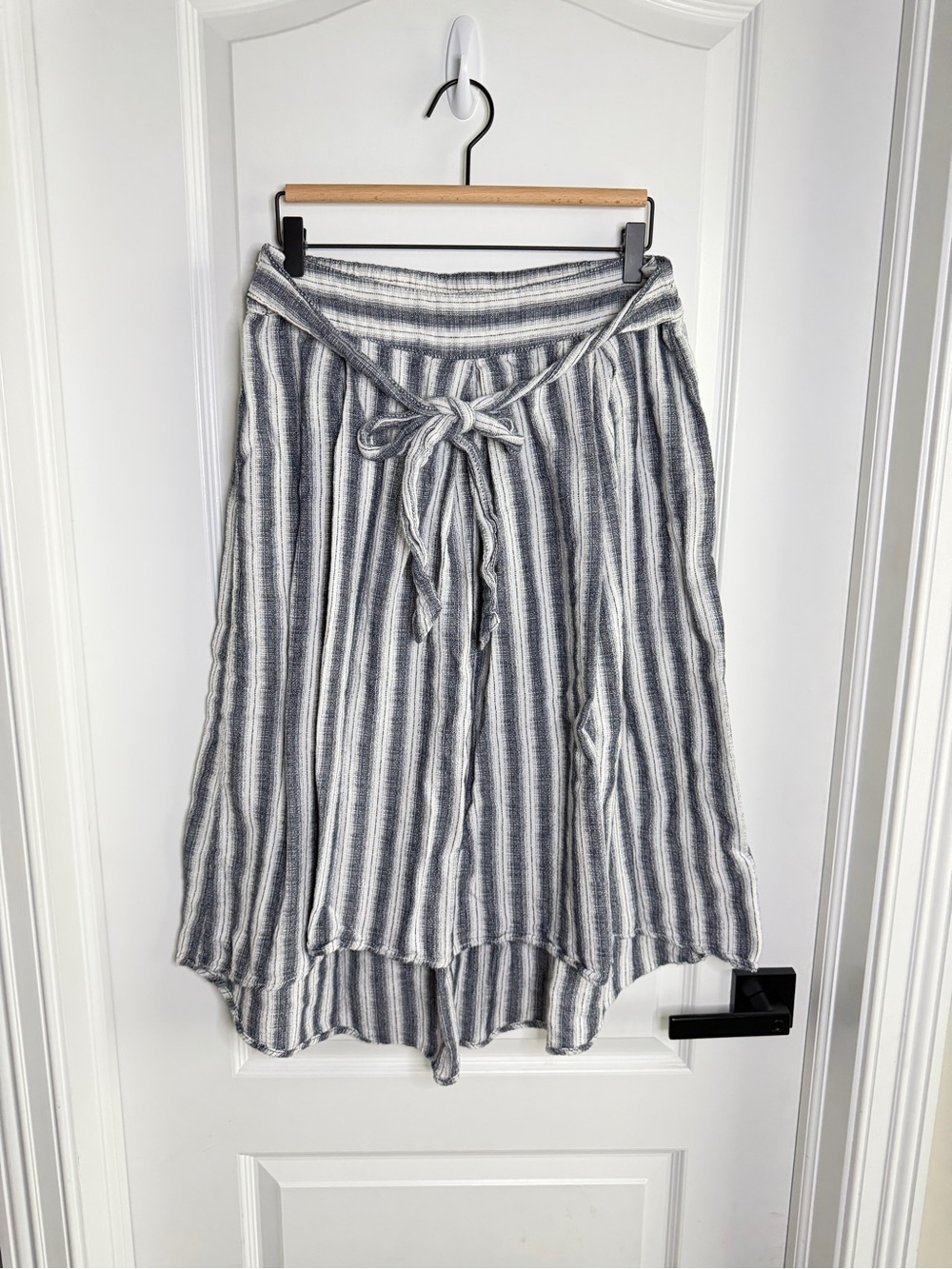 Max Studio Womens Large Blue White Striped Cotton Midi Skirt Tie Waist Boho